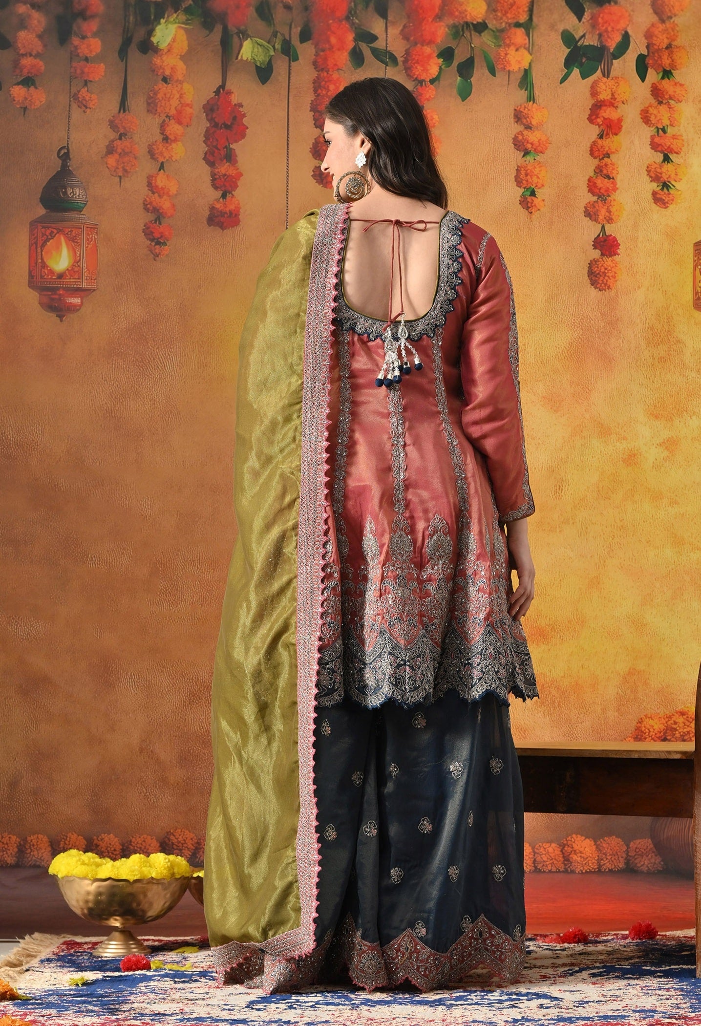 Rust Brown Sharara Set with Zardozi, Crystal, Applique & Thread Work.
