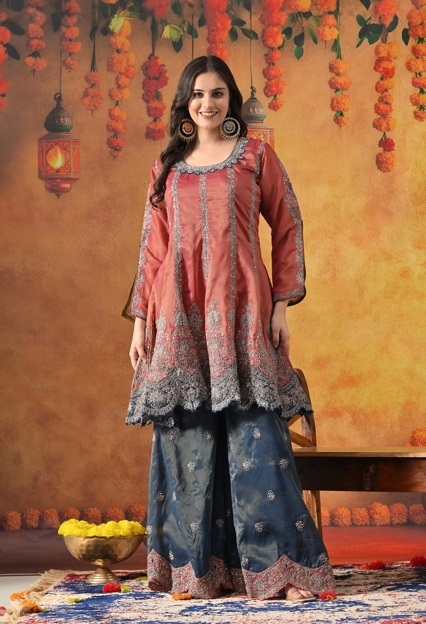 Rust Brown Sharara Set with Zardozi, Crystal, Applique & Thread Work.