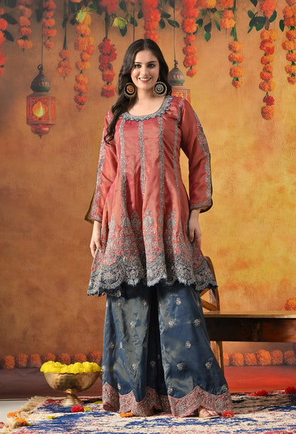 Rust Brown Sharara Set with Zardozi, Crystal, Applique & Thread Work.