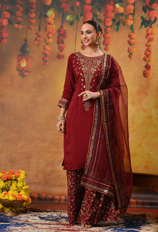 Red Maroon Sharara Set with Thread, Zari, and Sequence Work