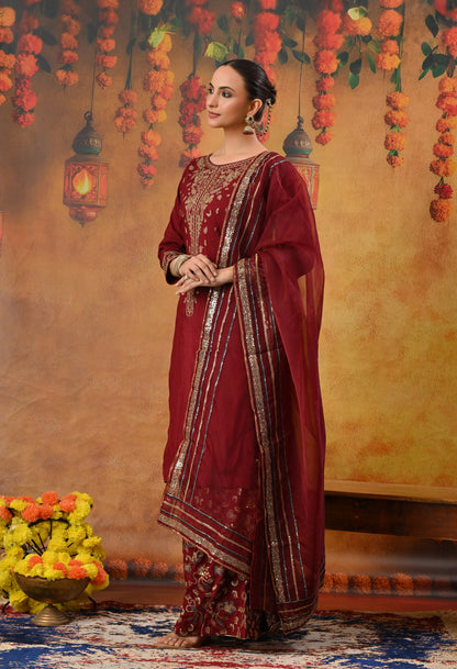 Red Maroon Sharara Set with Thread, Zari, and Sequence Work