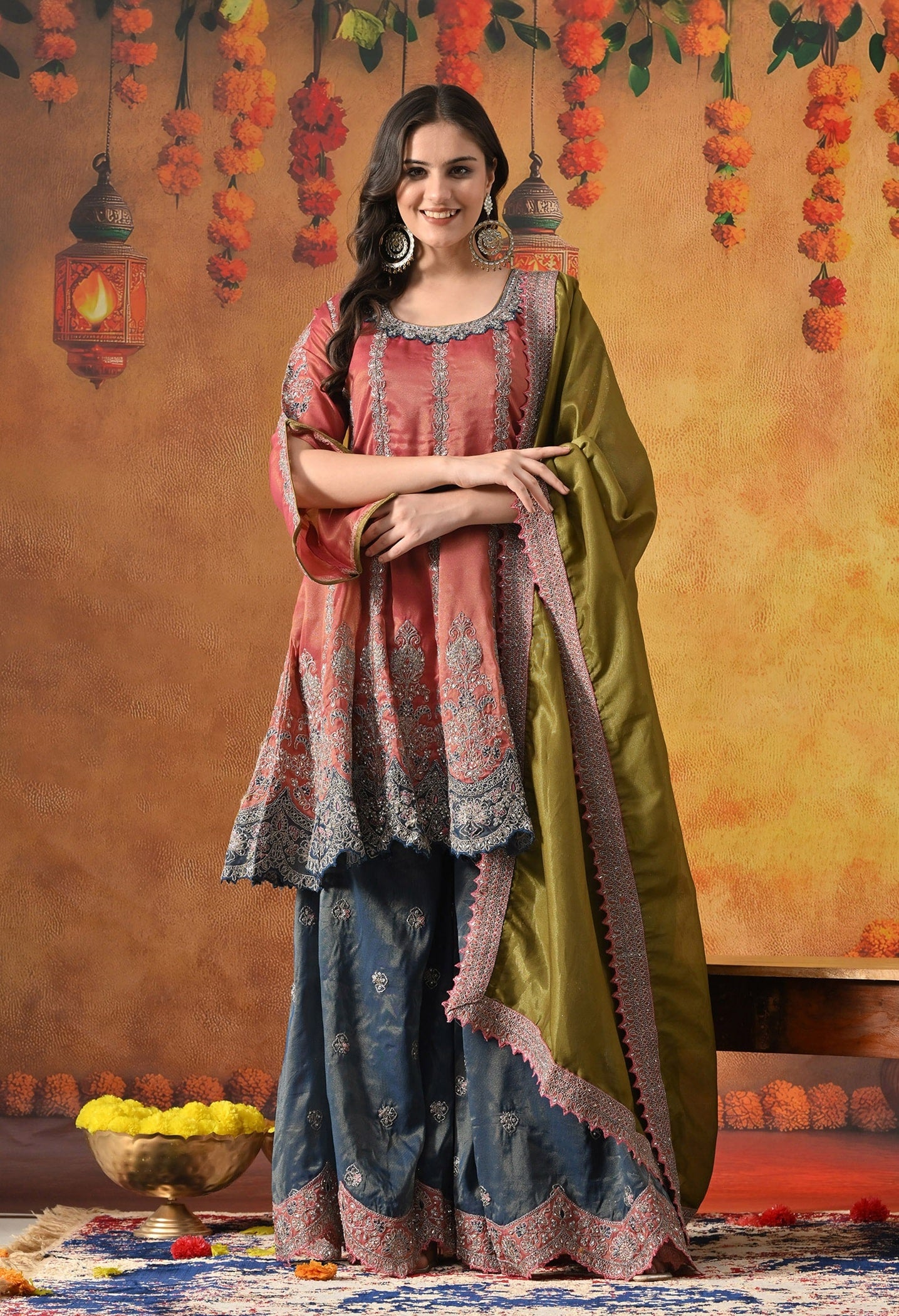 Rust Brown Sharara Set with Zardozi, Crystal, Applique & Thread Work.