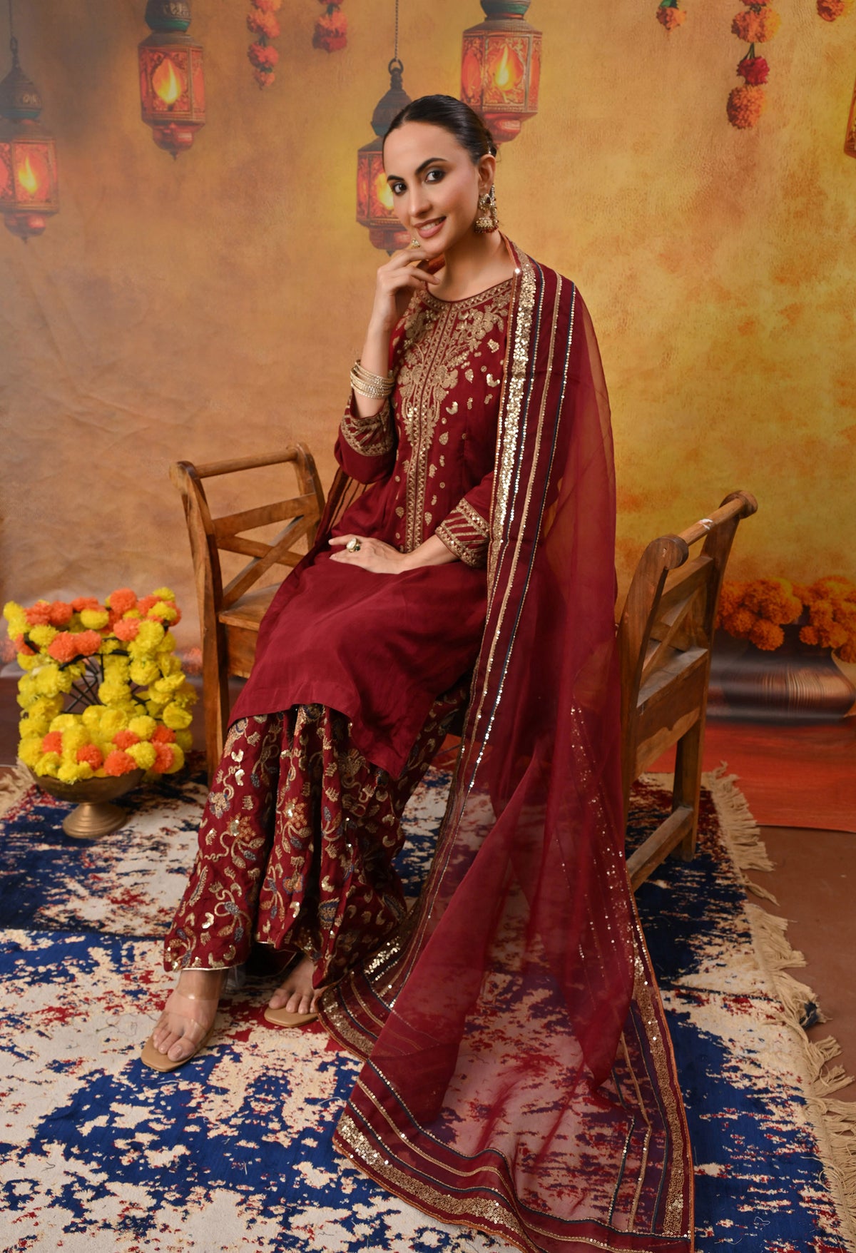 Red Maroon Sharara Set with Thread, Zari, and Sequence Work