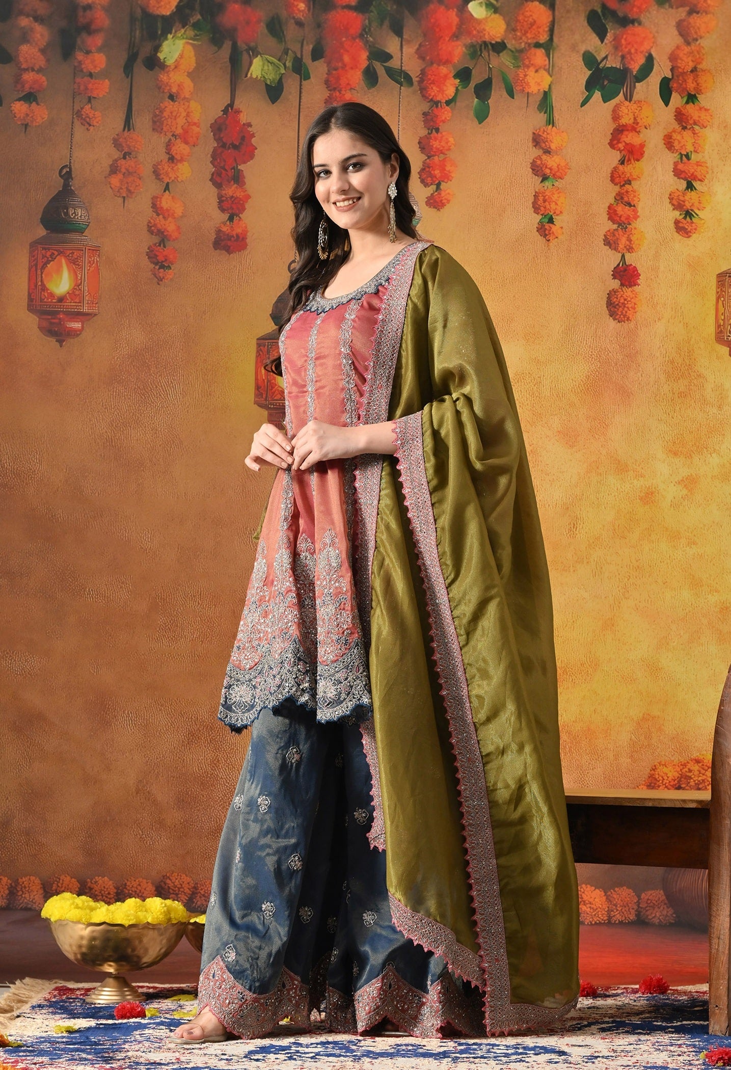 Rust Brown Sharara Set with Zardozi, Crystal, Applique & Thread Work.