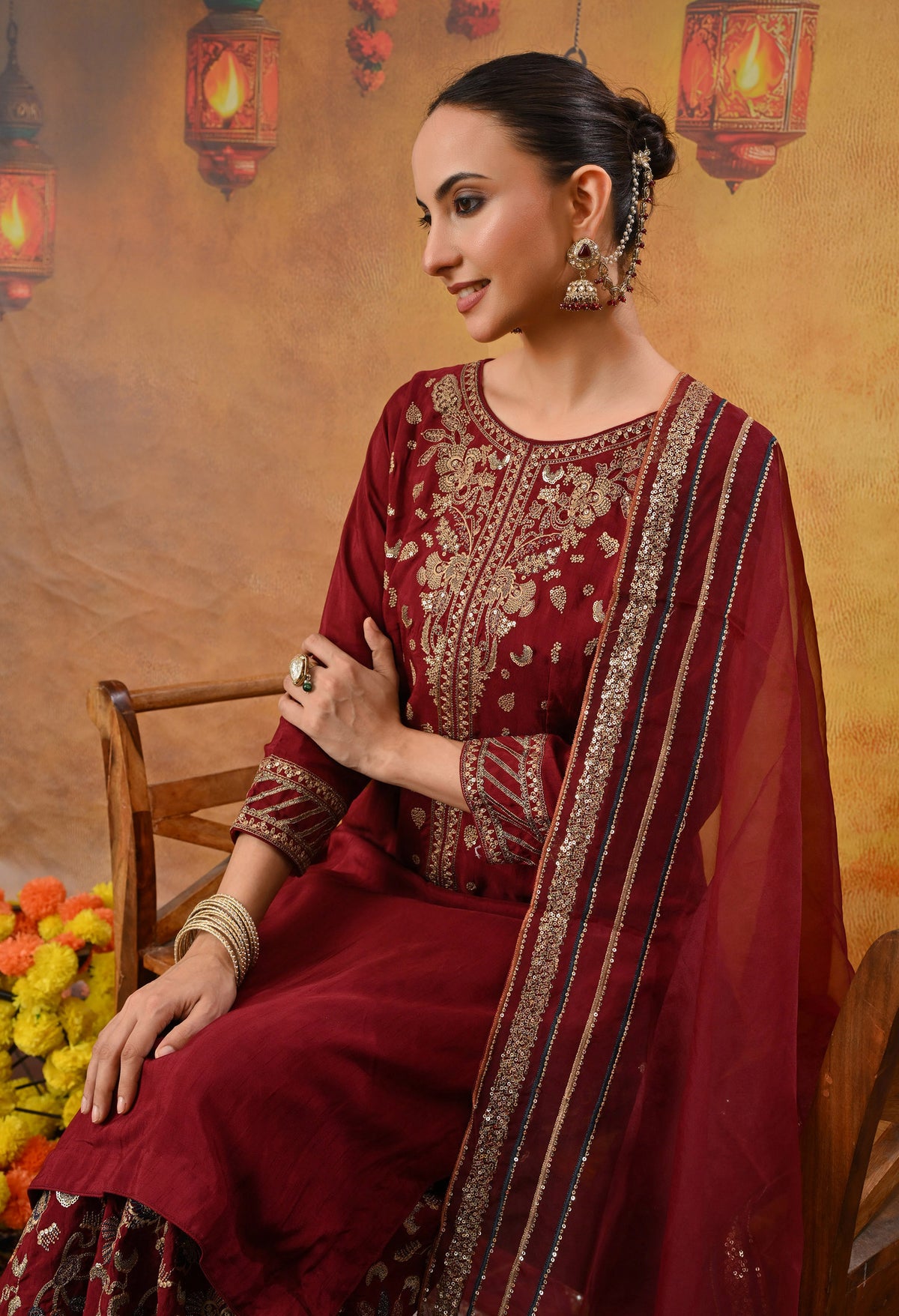 Red Maroon Sharara Set with Thread, Zari, and Sequence Work