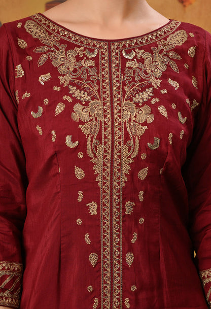 Red Maroon Sharara Set with Thread, Zari, and Sequence Work