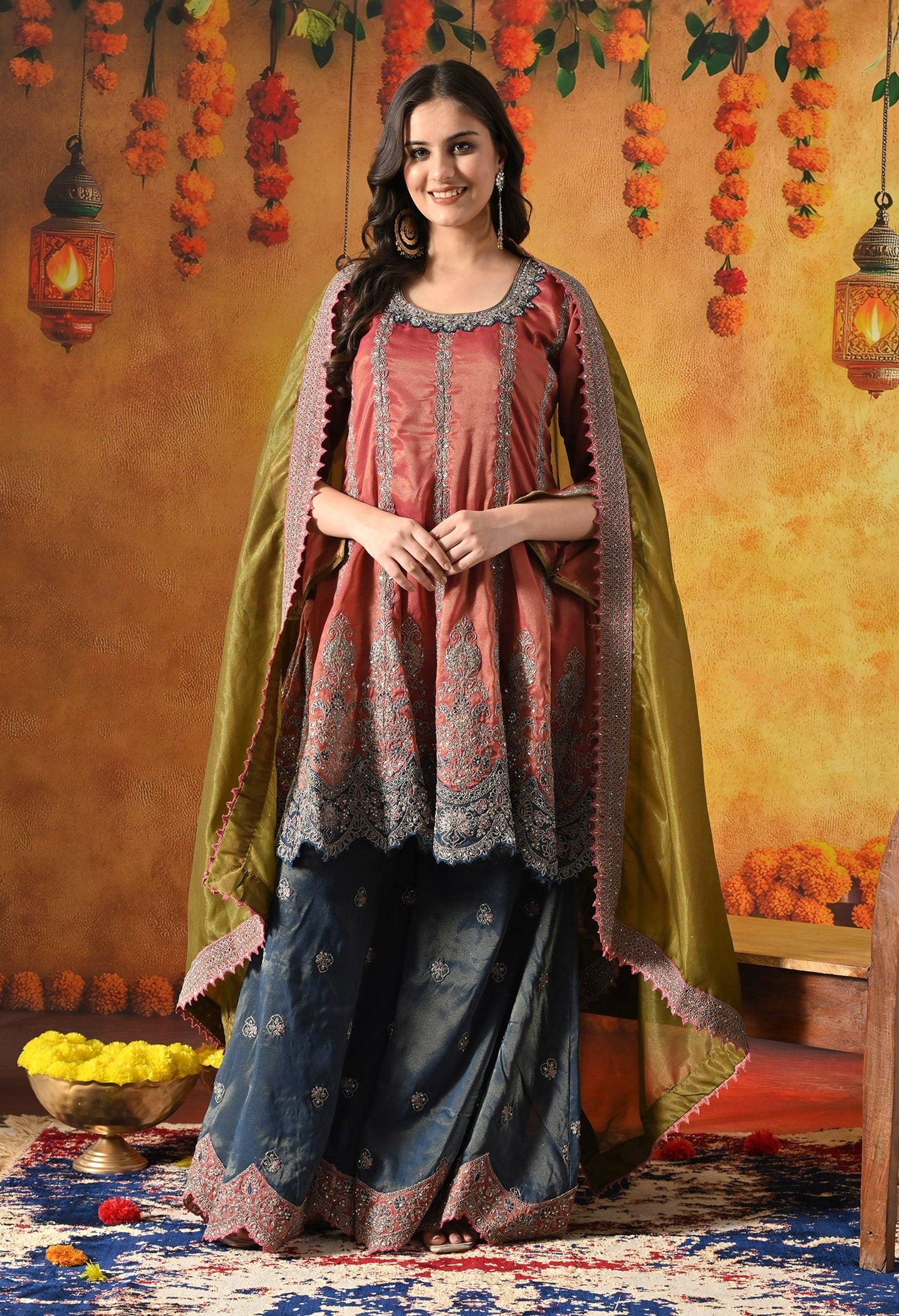 Rust Brown Sharara Set with Zardozi, Crystal, Applique & Thread Work.
