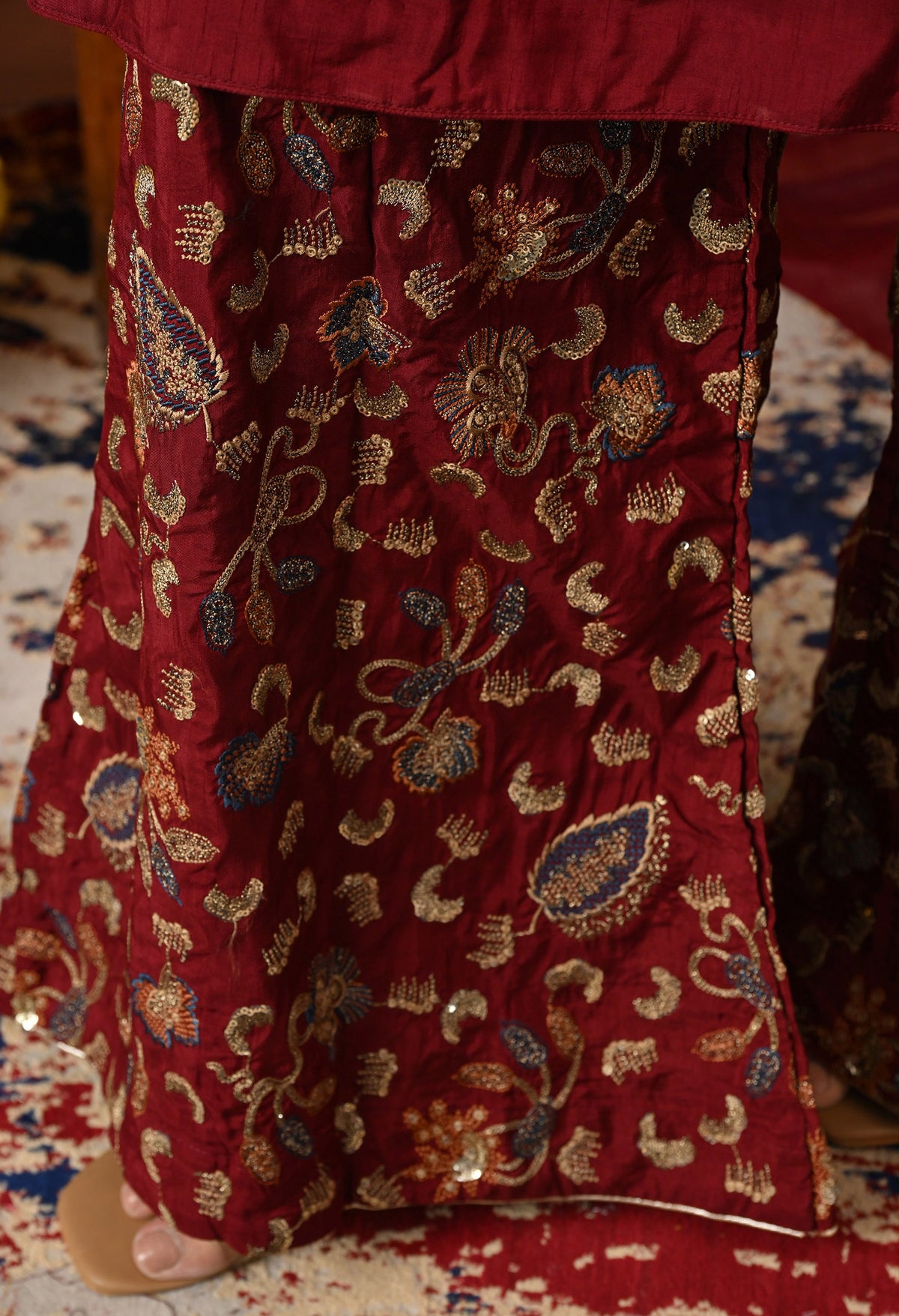 Red Maroon Sharara Set with Thread, Zari, and Sequence Work