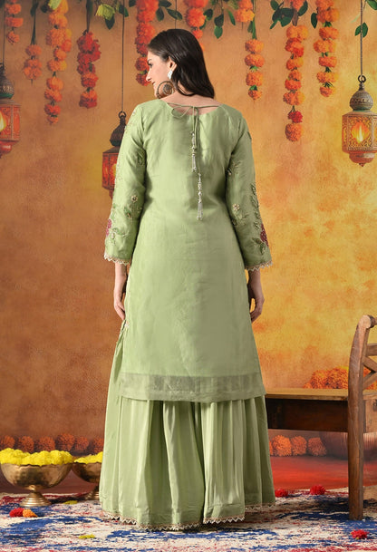 Green Gharara Set with Zardozi, Dabka, Pearl, Sequin & Hand-Painted Work.