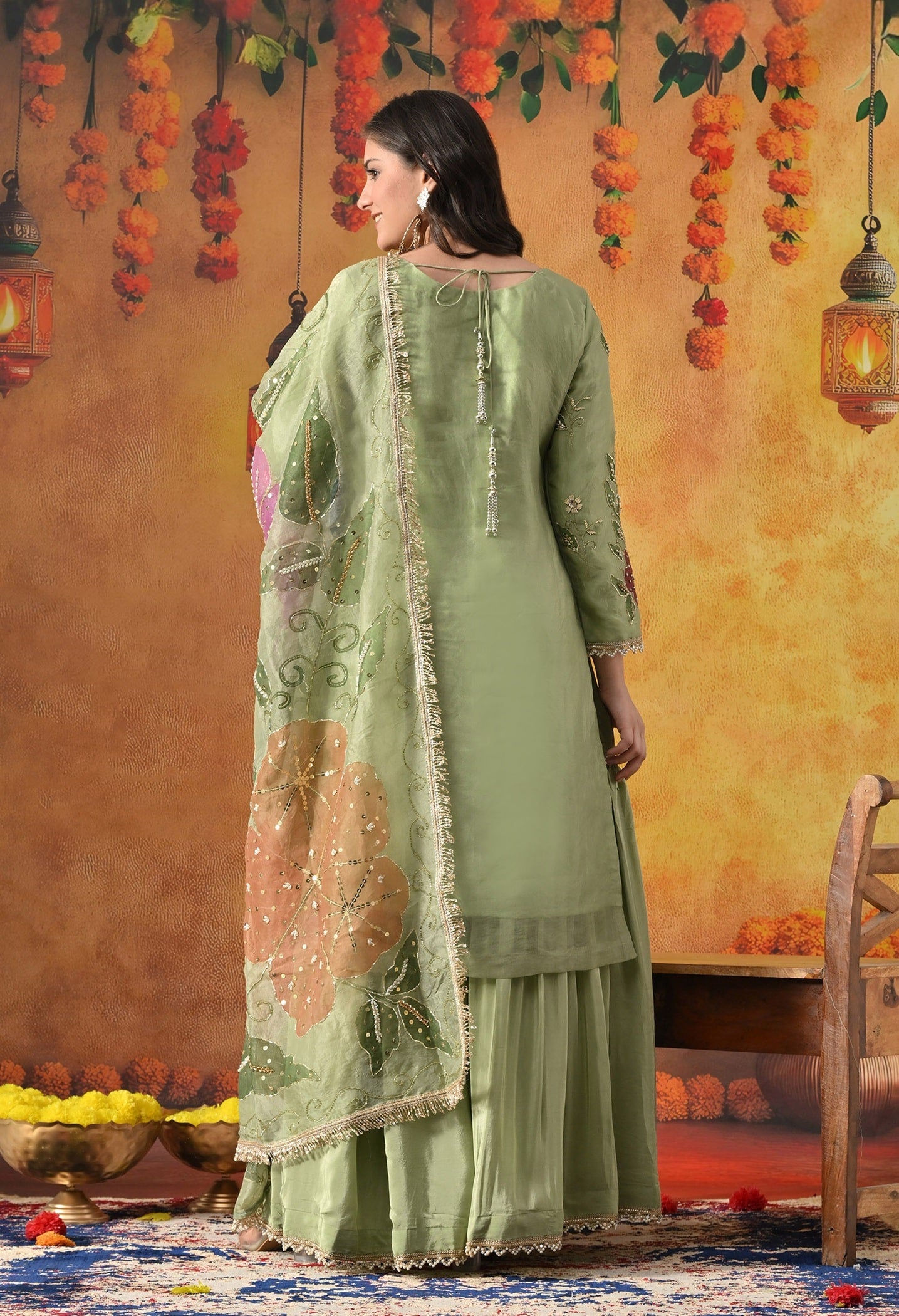 Green Gharara Set with Zardozi, Dabka, Pearl, Sequin & Hand-Painted Work.