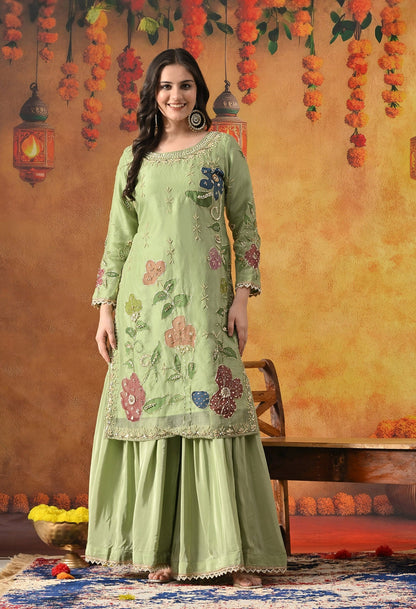 Green Gharara Set with Zardozi, Dabka, Pearl, Sequin & Hand-Painted Work.