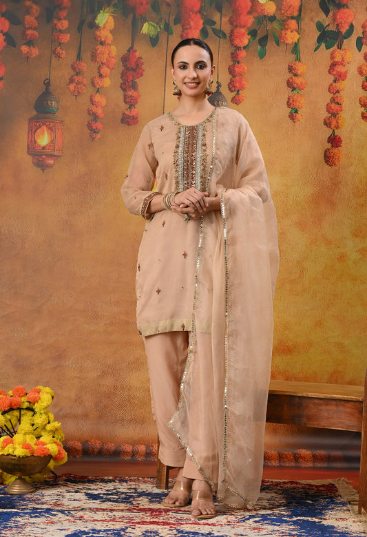 Peach Pink Kurta Set with Zardozi, Dabka, Sequin, and Pearl Work