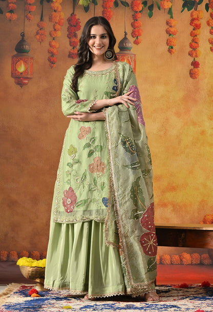 Green Gharara Set with Zardozi, Dabka, Pearl, Sequin & Hand-Painted Work.