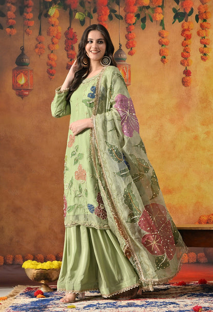Green Gharara Set with Zardozi, Dabka, Pearl, Sequin & Hand-Painted Work.