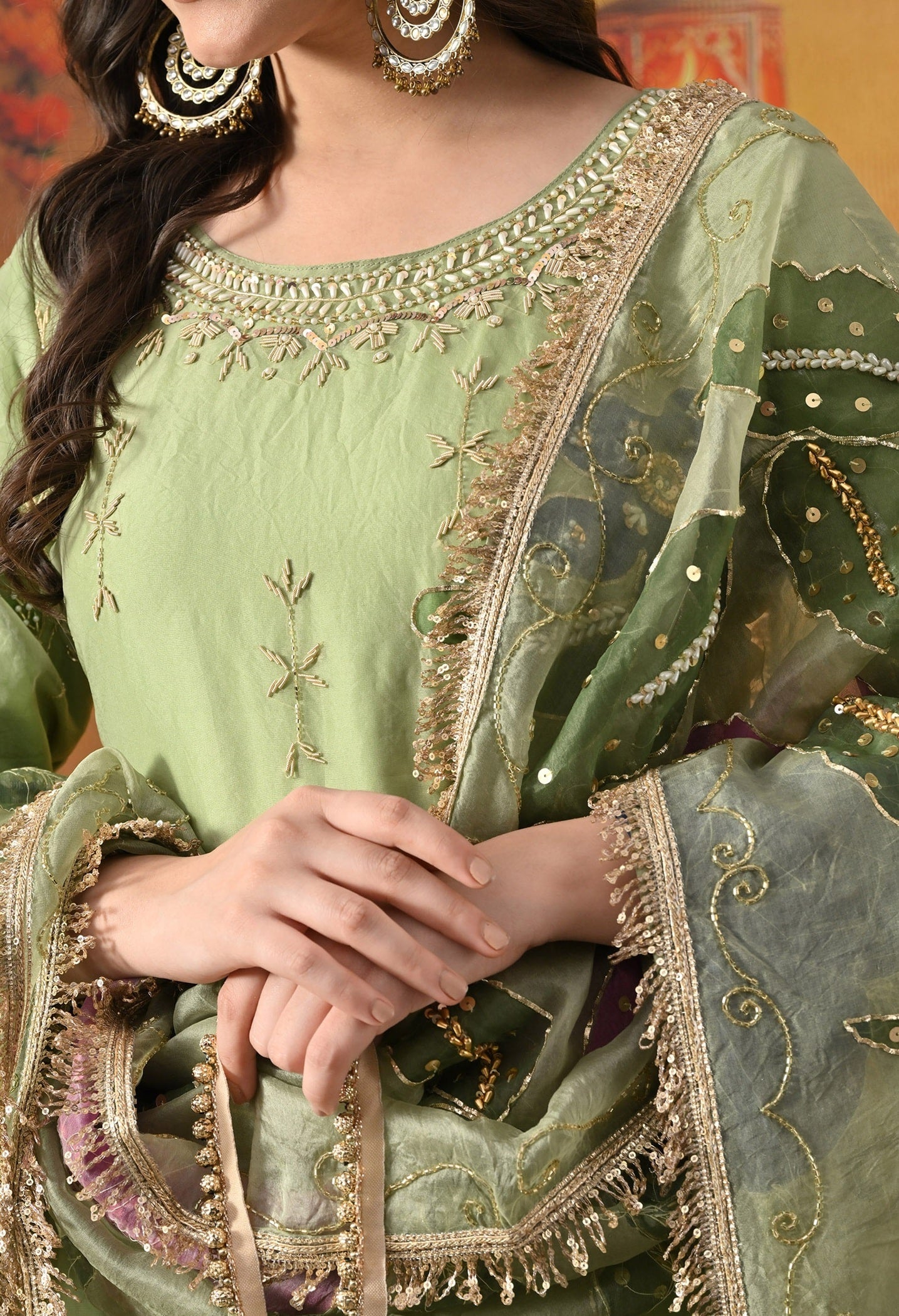 Green Gharara Set with Zardozi, Dabka, Pearl, Sequin & Hand-Painted Work.