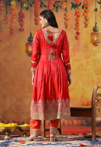 Red Kurta Salwar Set with Zardozi, Sequin & Applique Work.