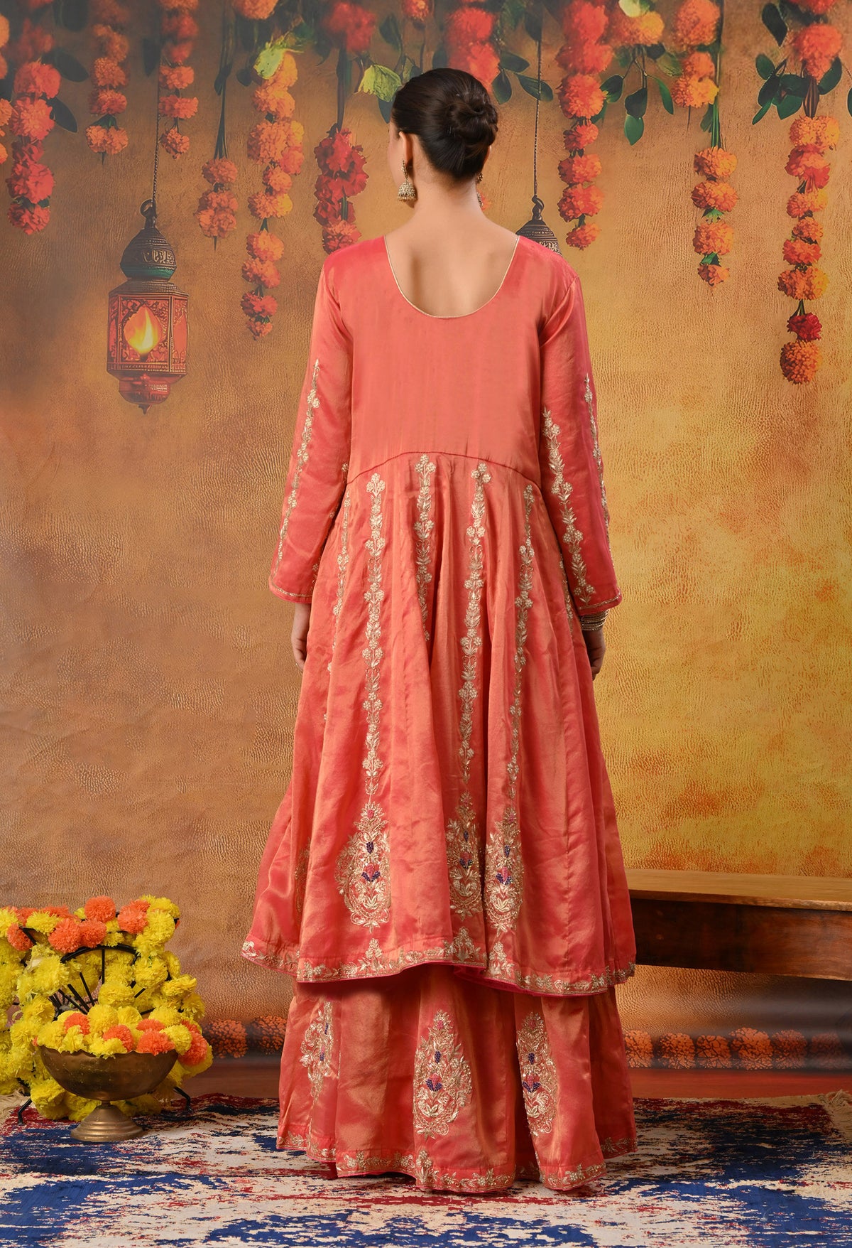 Orange Anarkali Set with Contrast Dupatta and Detailed Embroidery