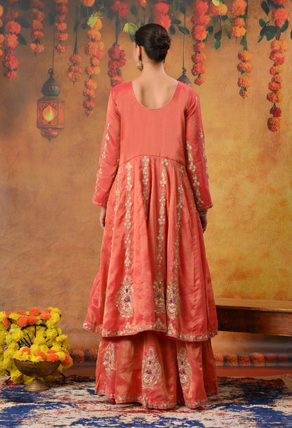 Orange Anarkali Set with Contrast Dupatta and Detailed Embroidery