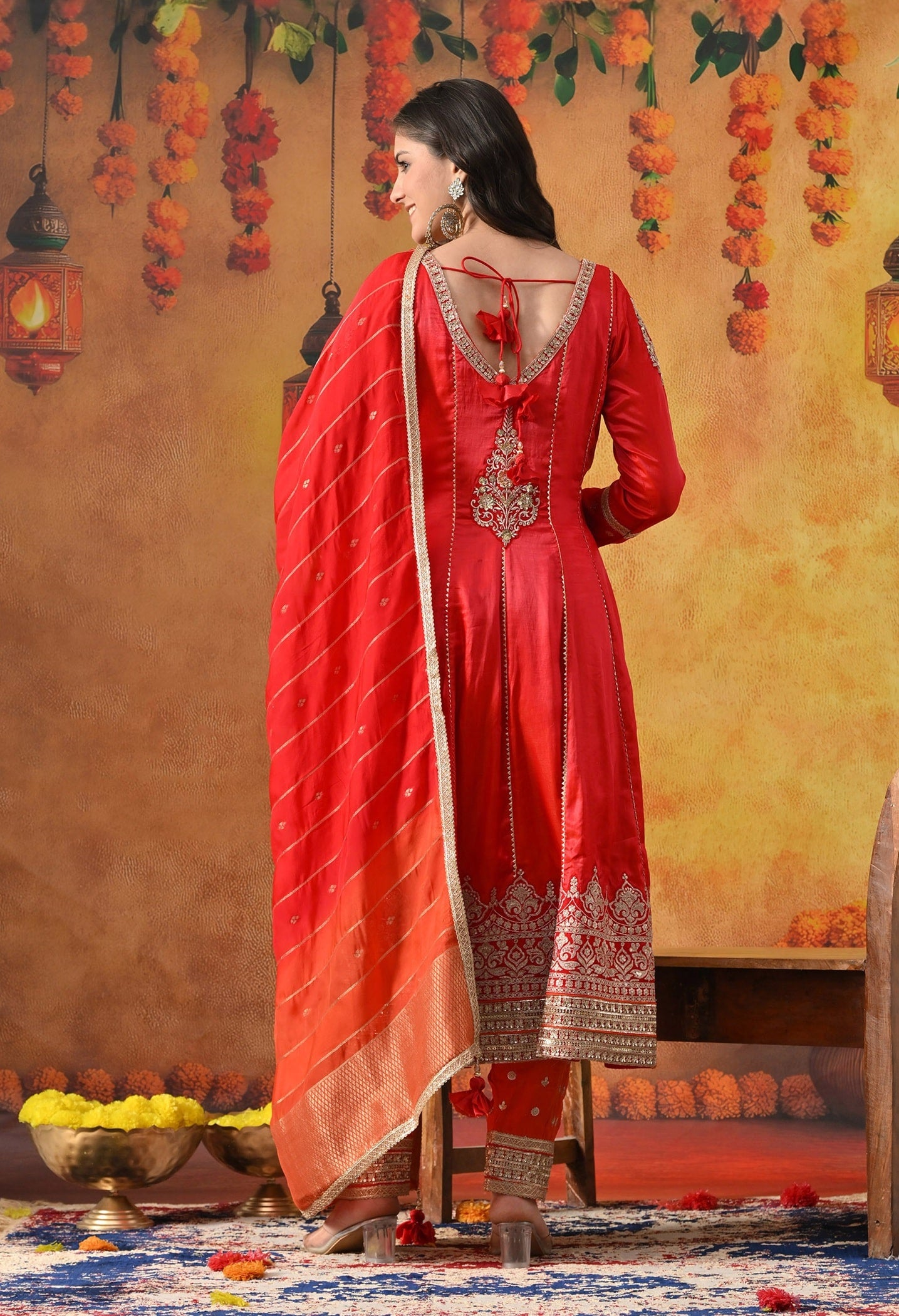 Red Kurta Salwar Set with Zardozi, Sequin & Applique Work.