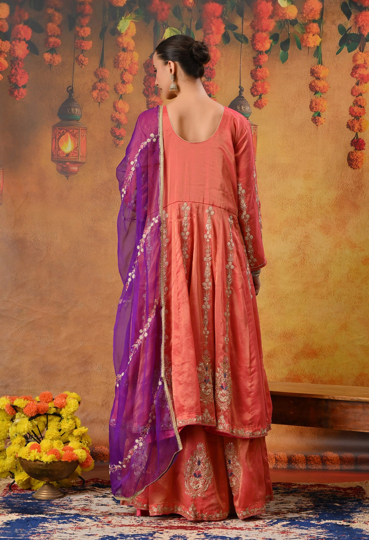 Orange Anarkali Set with Contrast Dupatta and Detailed Embroidery