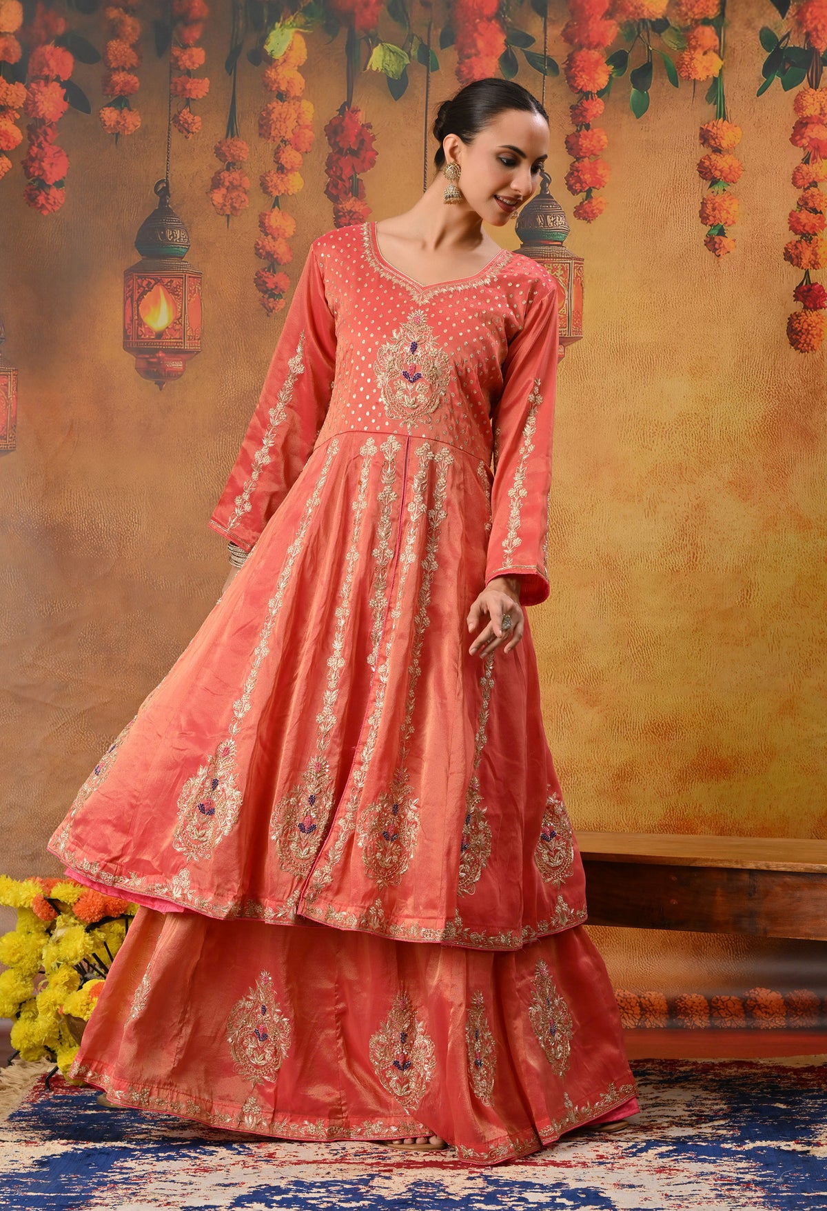 Orange Anarkali Set with Contrast Dupatta and Detailed Embroidery