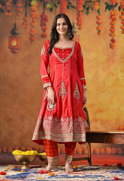 Red Kurta Salwar Set with Zardozi, Sequin & Applique Work.