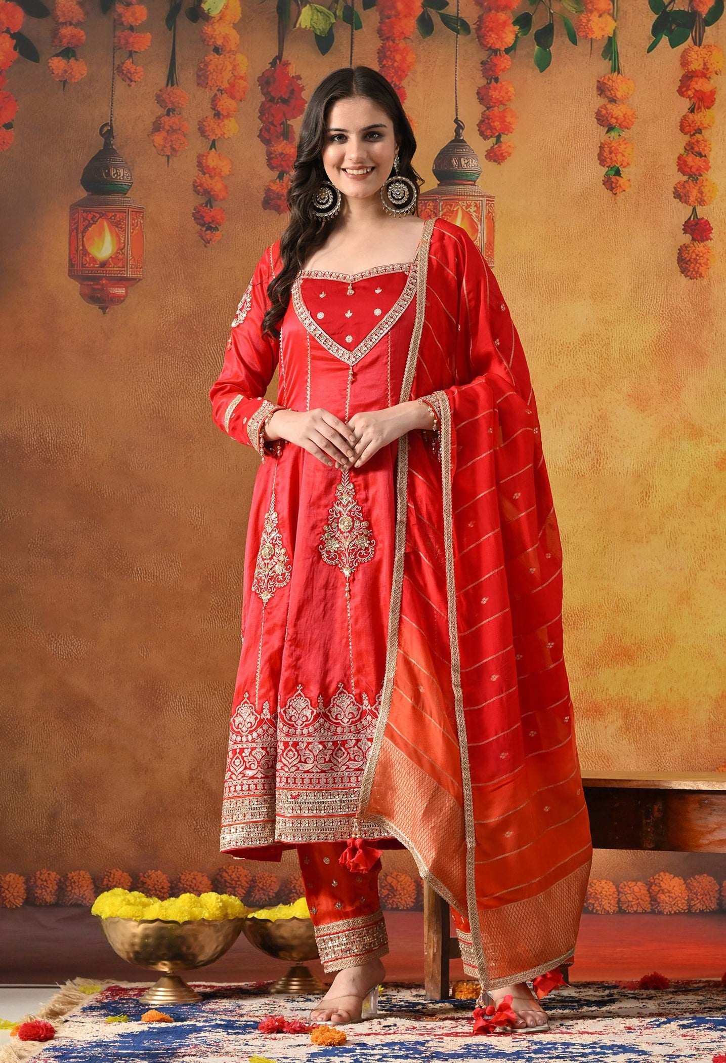 Red Kurta Salwar Set with Zardozi, Sequin & Applique Work.