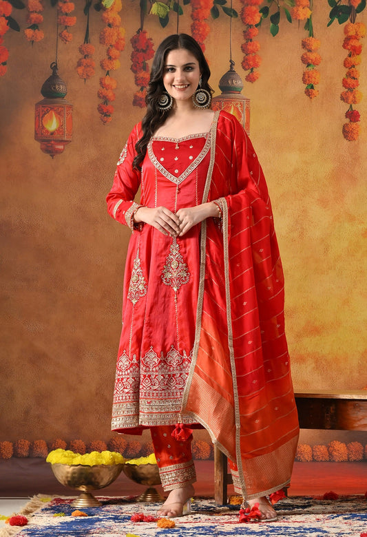 Red Kurta Salwar Set with Zardozi, Sequin & Applique Work.