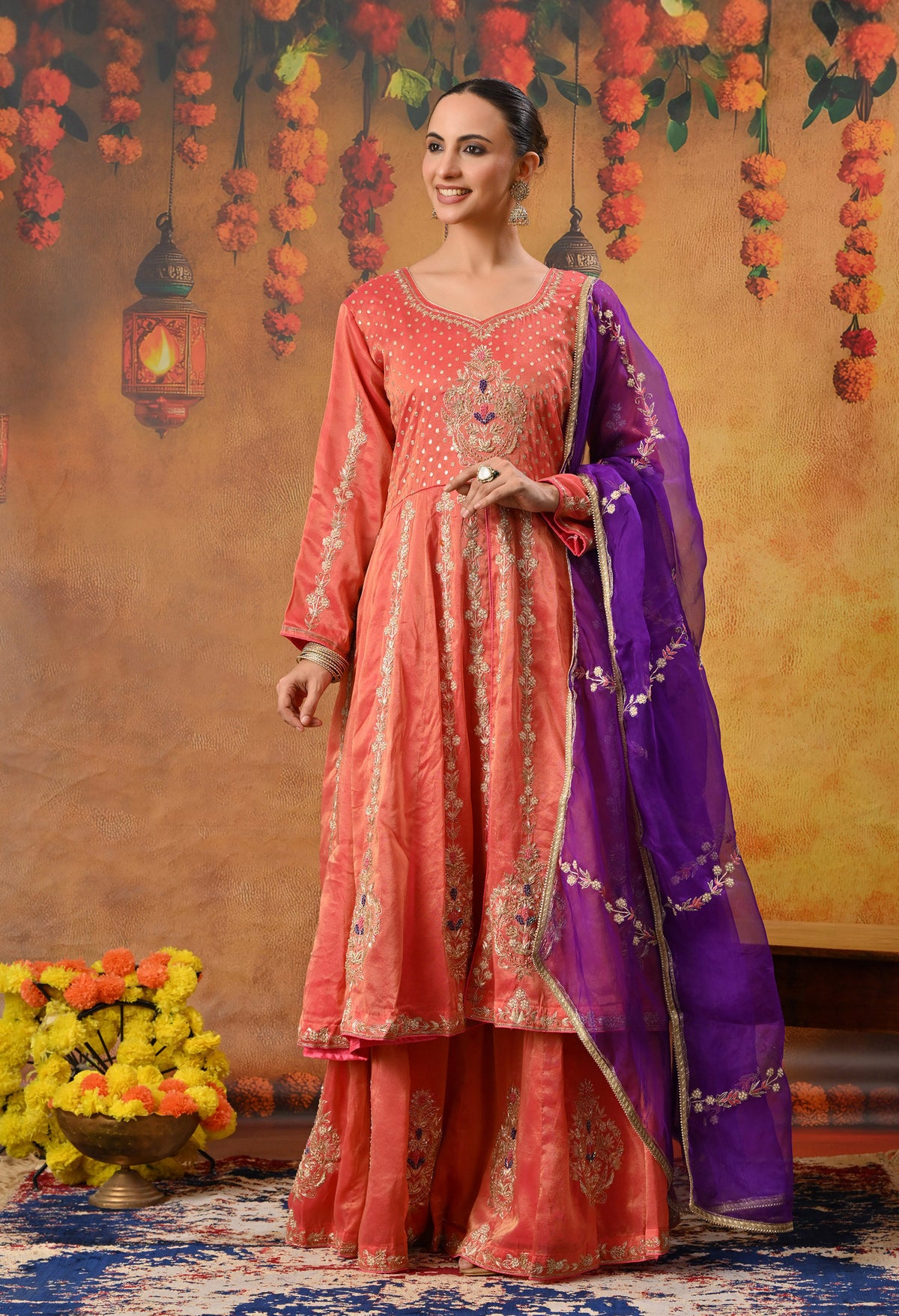 Orange Anarkali Set with Contrast Dupatta and Detailed Embroidery
