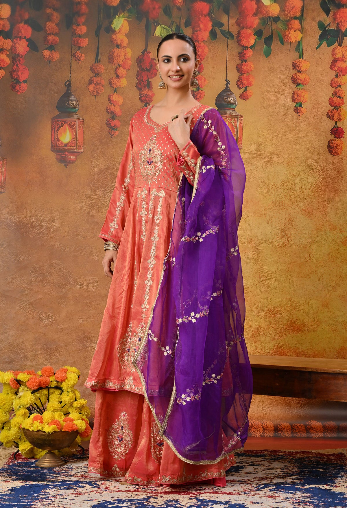Orange Anarkali Set with Contrast Dupatta and Detailed Embroidery