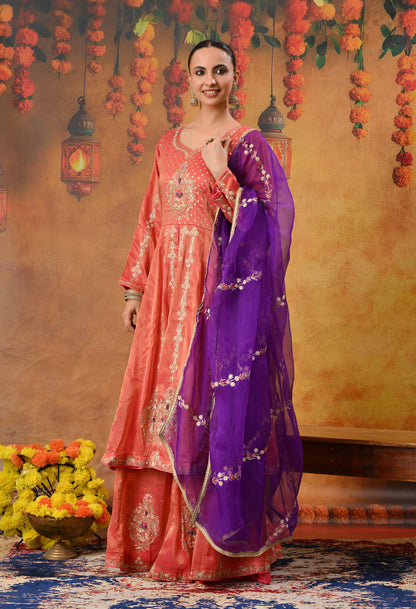 Orange Anarkali Set with Contrast Dupatta and Detailed Embroidery