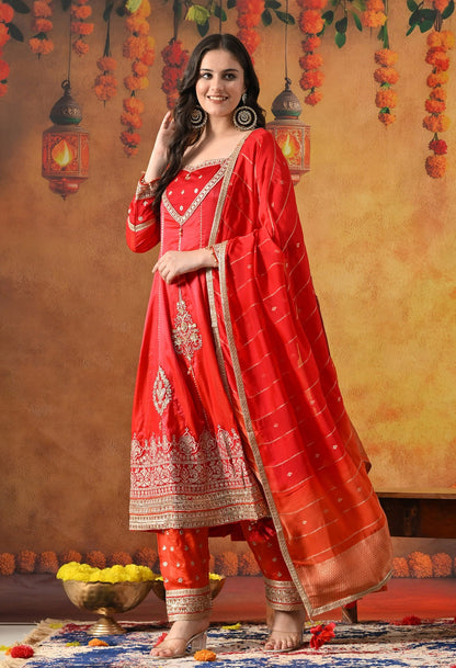 Red Kurta Salwar Set with Zardozi, Sequin & Applique Work.