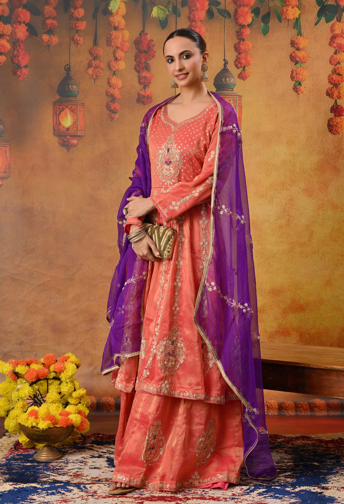 Orange Anarkali Set with Contrast Dupatta and Detailed Embroidery