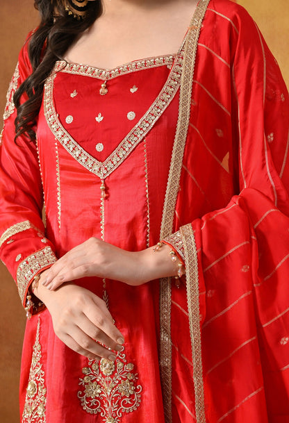 Red Kurta Salwar Set with Zardozi, Sequin & Applique Work.