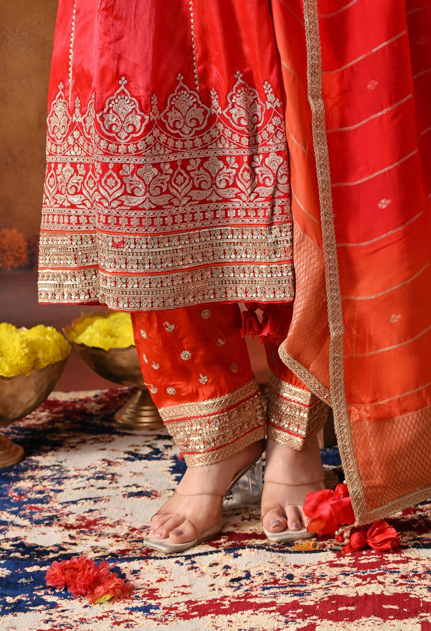 Red Kurta Salwar Set with Zardozi, Sequin & Applique Work.