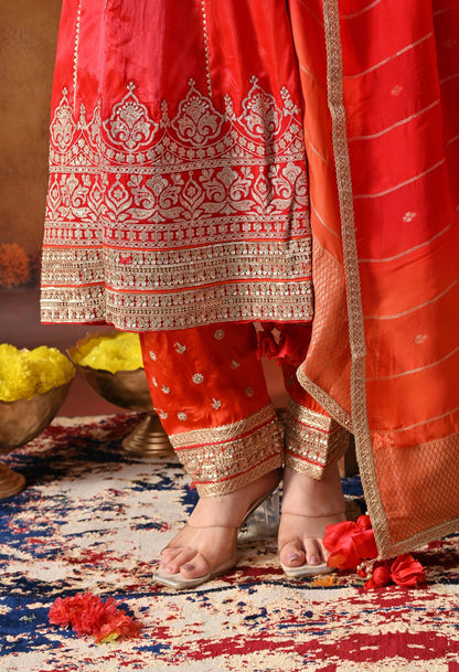 Red Kurta Salwar Set with Zardozi, Sequin & Applique Work.