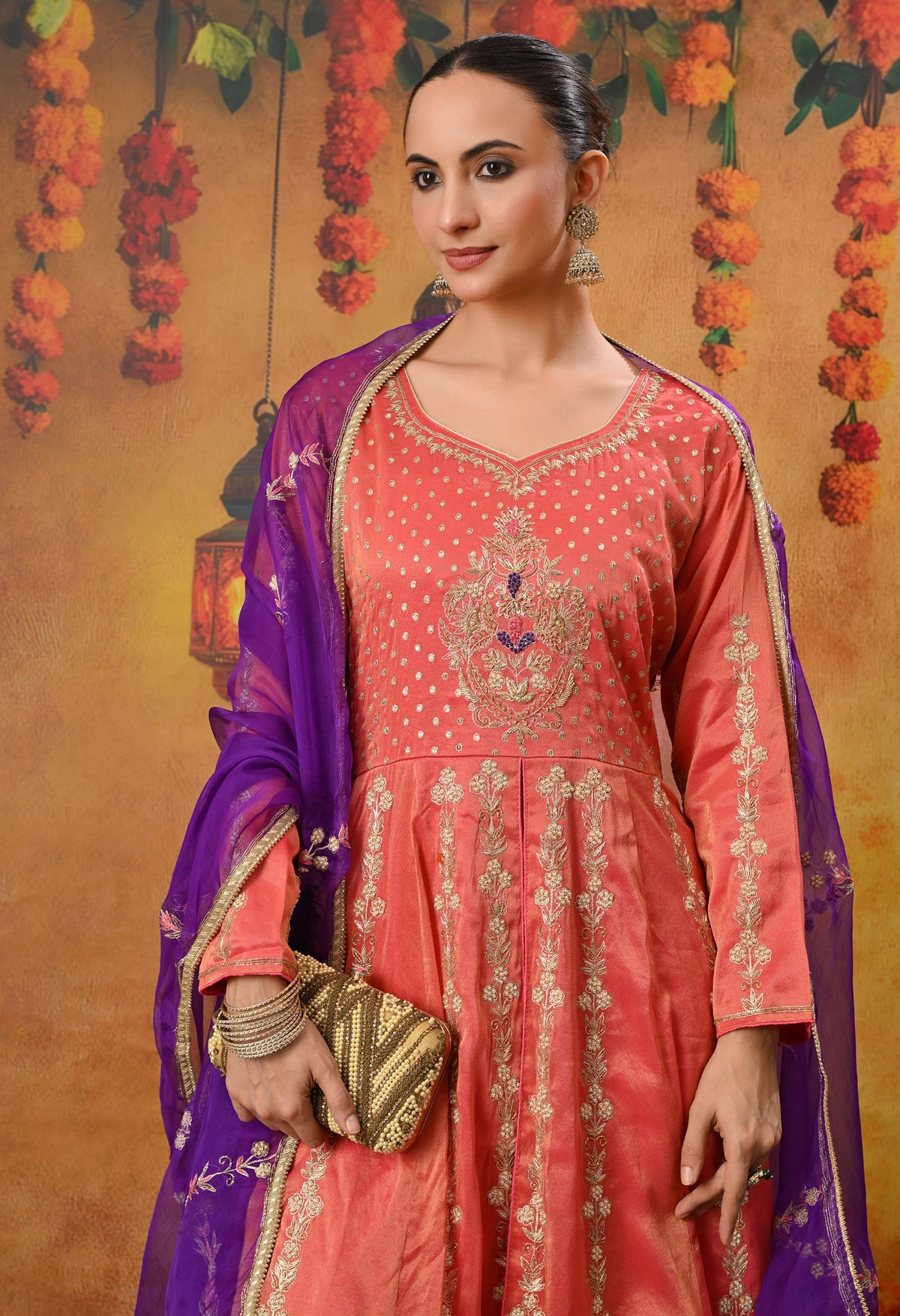 Orange Anarkali Set with Contrast Dupatta and Detailed Embroidery