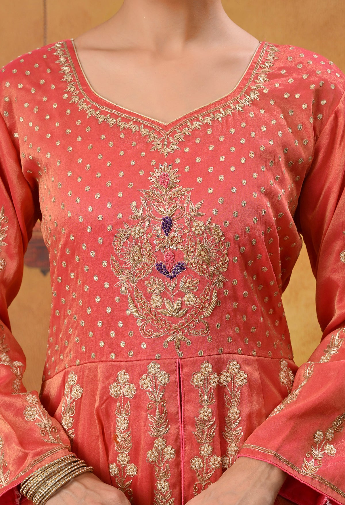 Orange Anarkali Set with Contrast Dupatta and Detailed Embroidery