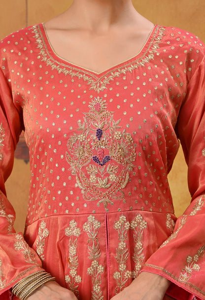 Orange Anarkali Set with Contrast Dupatta and Detailed Embroidery