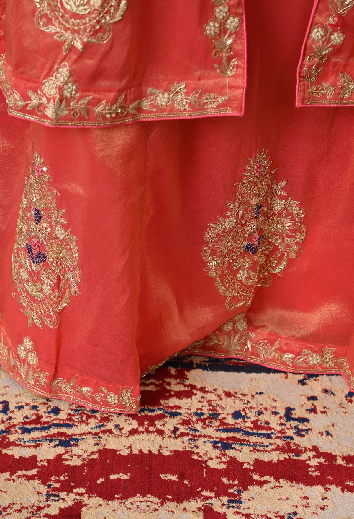 Orange Anarkali Set with Contrast Dupatta and Detailed Embroidery