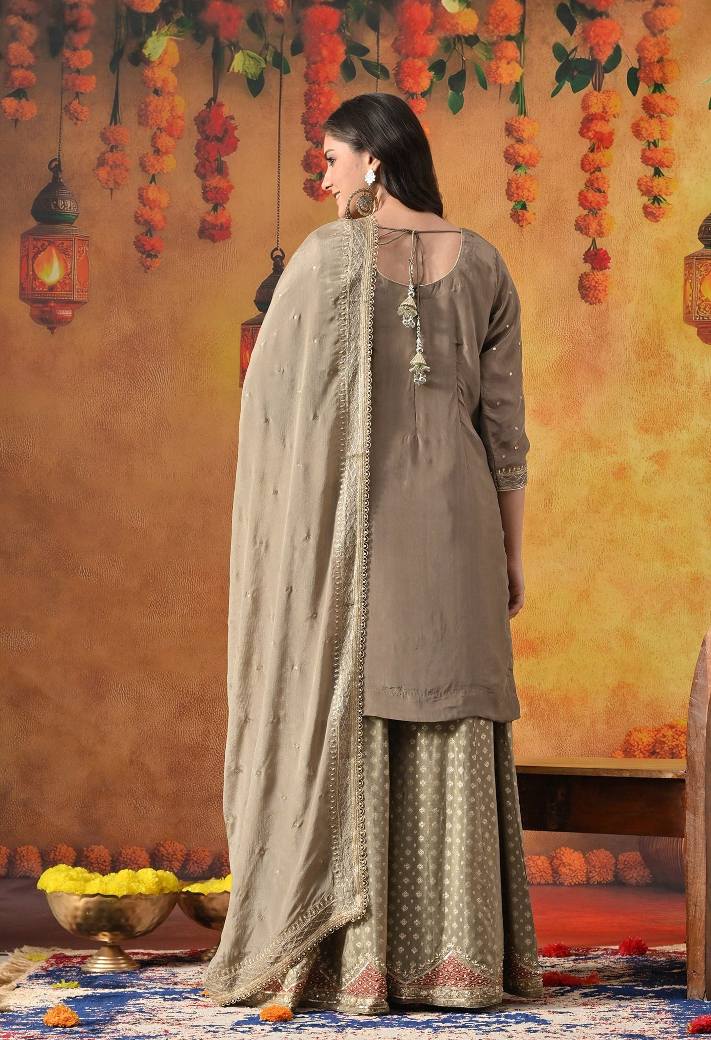 Green Sharara Set with Zardozi, Applique, Pearl & Sequin Work.