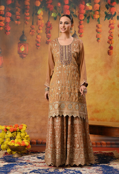 Exquisite Light Brown Lehenga Set with Excellent Zardozi and Sequence Work
