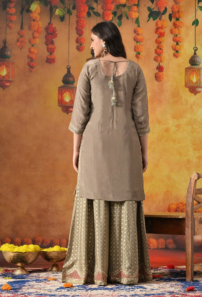 Green Sharara Set with Zardozi, Applique, Pearl & Sequin Work.