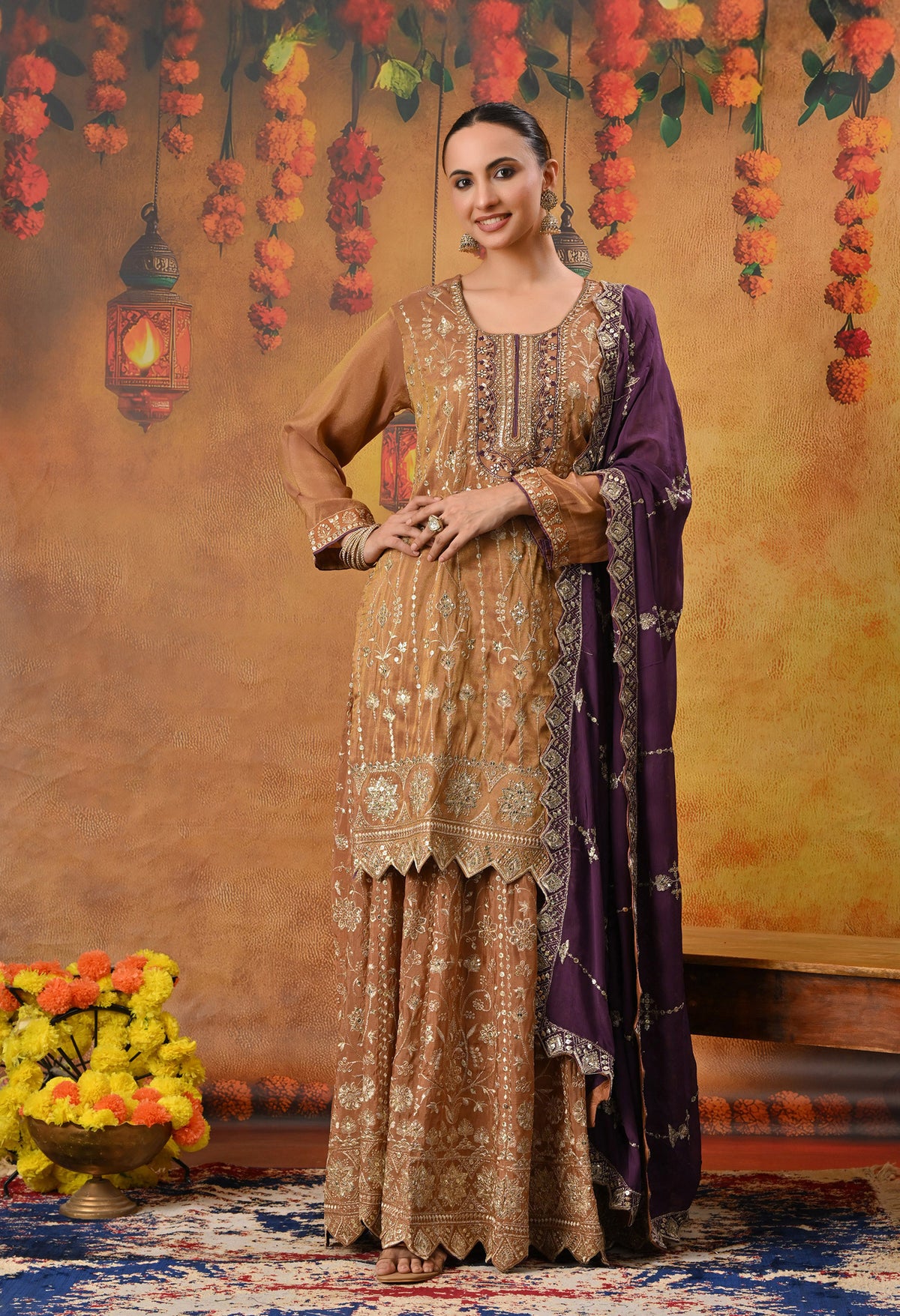 Exquisite Light Brown Lehenga Set with Excellent Zardozi and Sequence Work