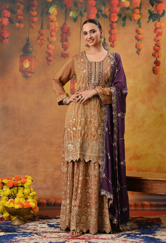 Exquisite Light Brown Lehenga Set with Excellent Zardozi and Sequence Work