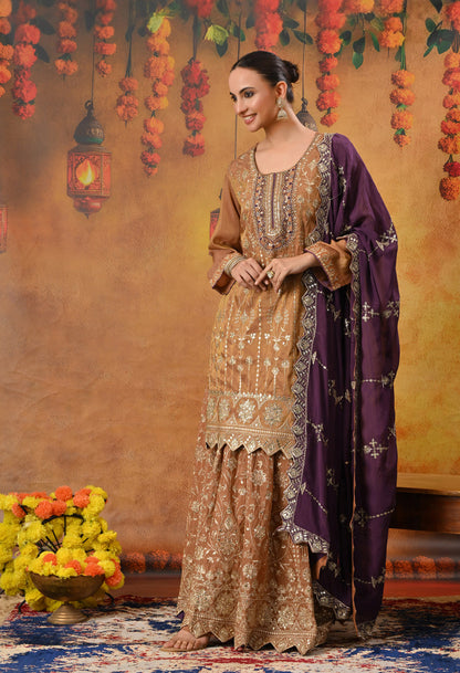 Exquisite Light Brown Lehenga Set with Excellent Zardozi and Sequence Work
