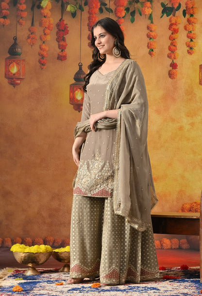 Green Sharara Set with Zardozi, Applique, Pearl & Sequin Work.