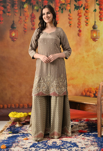 Green Sharara Set with Zardozi, Applique, Pearl & Sequin Work.