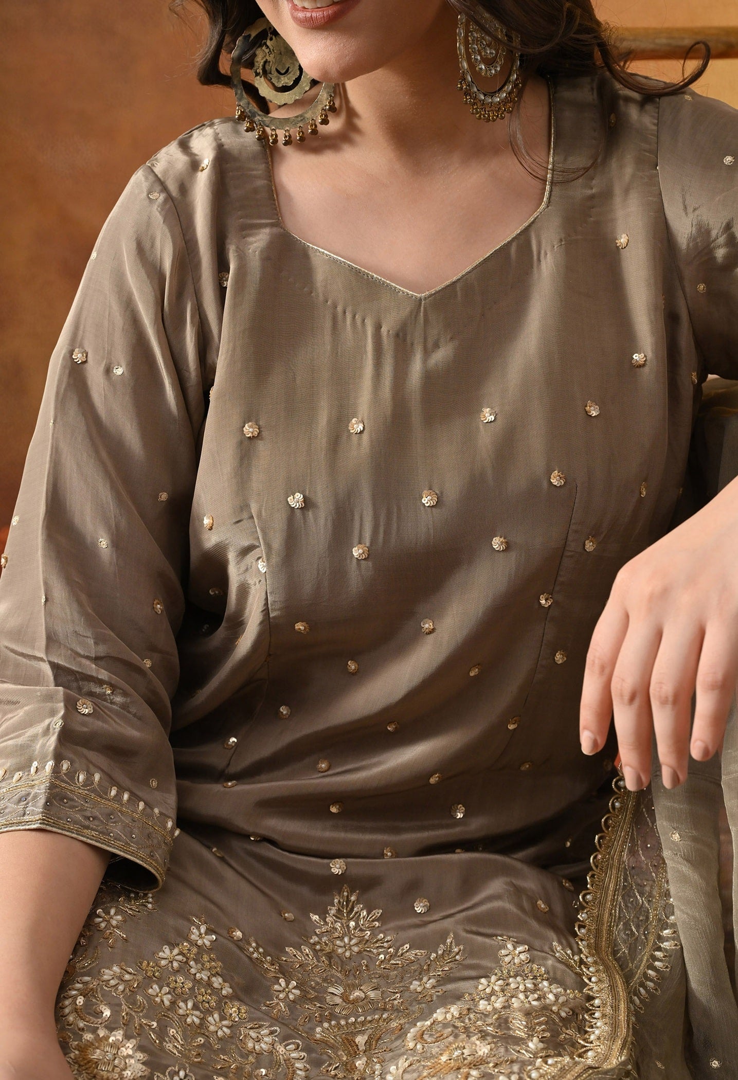 Green Sharara Set with Zardozi, Applique, Pearl & Sequin Work.