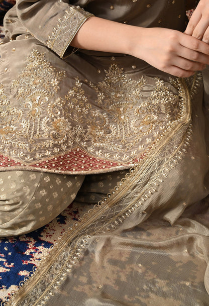 Green Sharara Set with Zardozi, Applique, Pearl & Sequin Work.